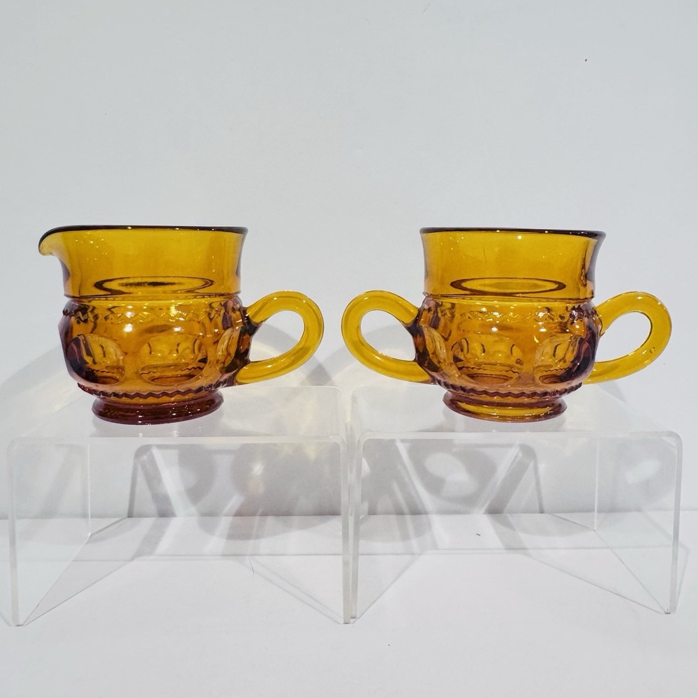 Vintage Indiana Glass Kings Crown Amber Creamer & Sugar Set No Damage - Picture 3 of 9